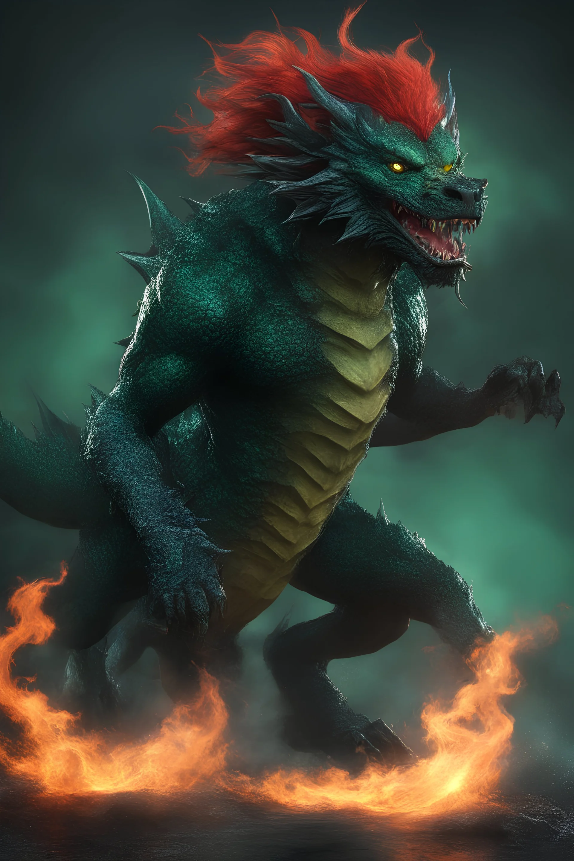 full body, head to toe, 3D, the anthropomorphic black Chinese Indian werewolf Dragon with Long wavy, curly (((red hair))) and bright, (((sea-green eyes))), breathing fire - full color - 32k, UHD, 1080p, 8 x 10, glossy professional quality digital photograph - dark foggy gradated background, historic, powerful, octane rendering, exquisite detail, 30 - megapixel, 4k, 85 - mm - lens, sharp - focus, intricately - detailed, long exposure time, ((skin details, high detailed skin texture)