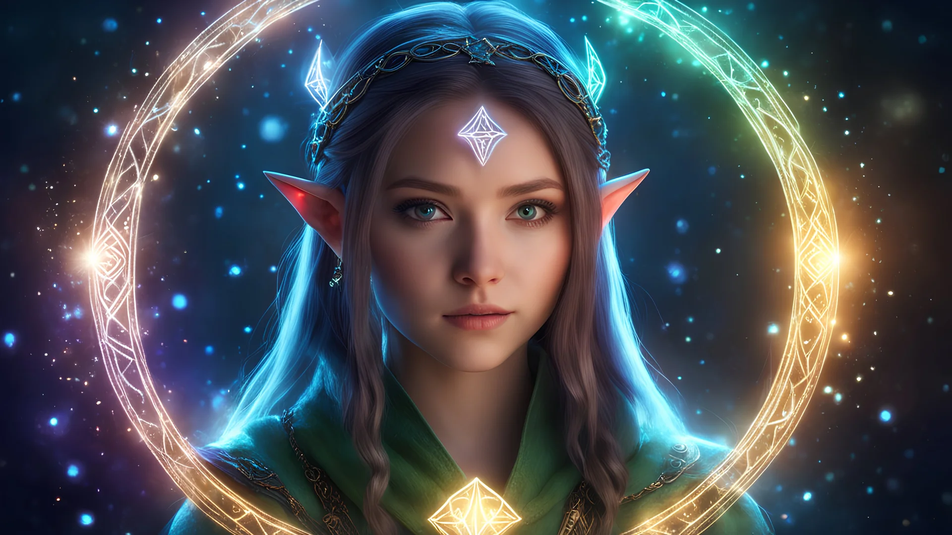 A mysterious teen elf girl with glowing runes that float around her protectively. Particle lights floating around.