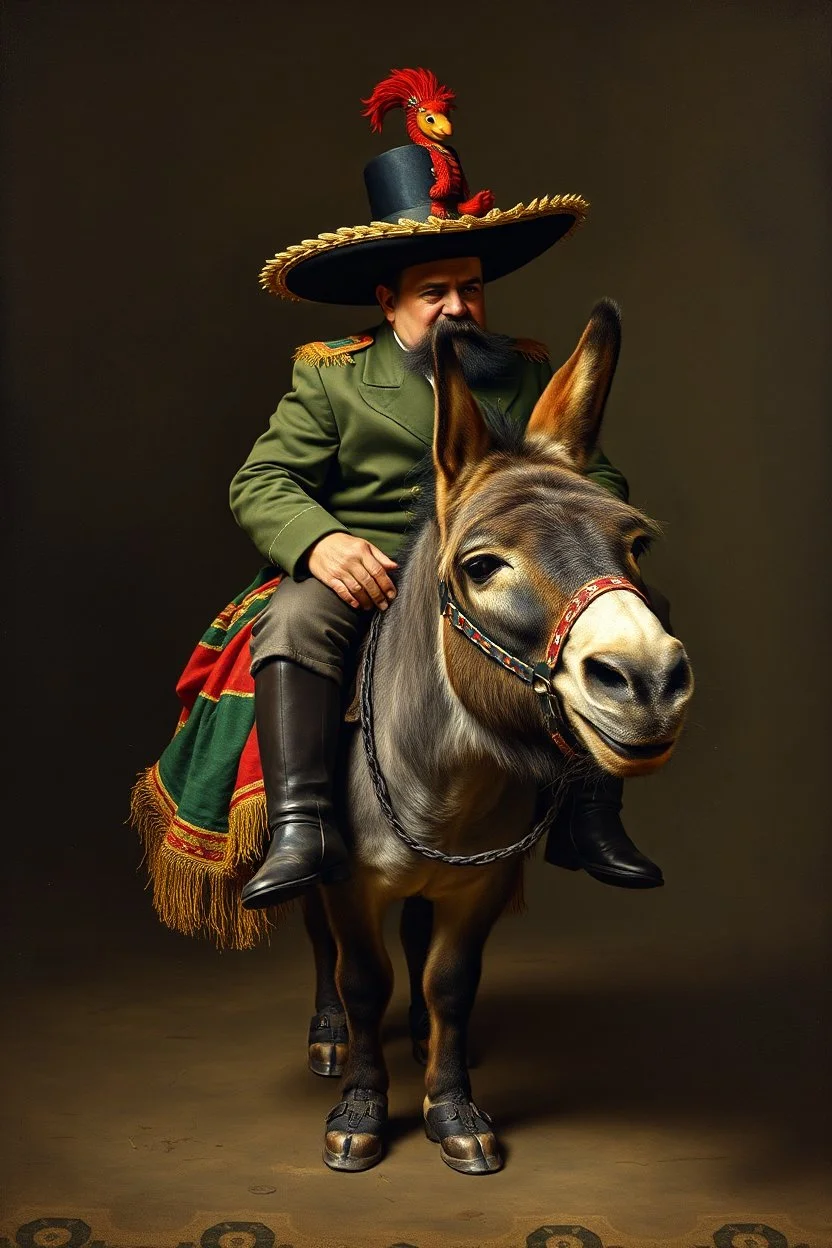 Mexican Hitler on a donkey walrus that also looks like Hitler, painted by Rembrandt