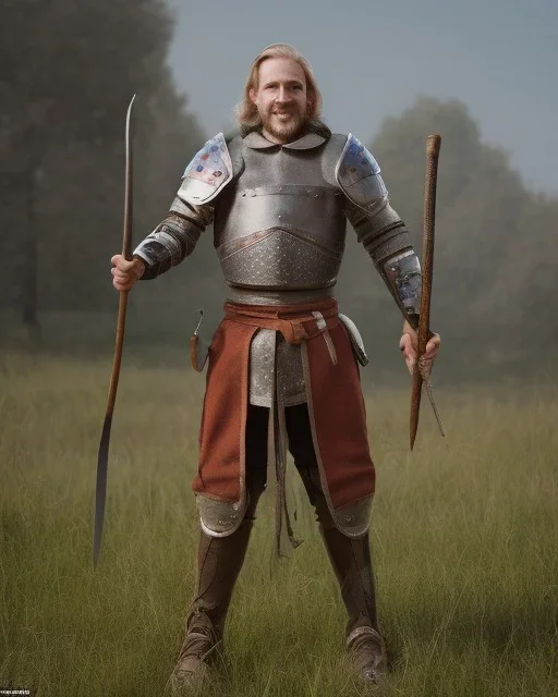 strong medieval warrior with short blond hair, blue eyes and wide warm smile with an axe wearing green and brown clothes