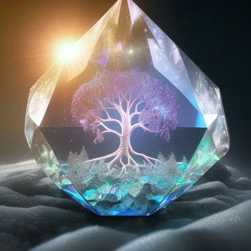 hedjuk,Tree of Life, crystal city crystalline in the sky, renderin, room, cosmic, opalescent, 100mm, opalescent, gemstones, crystals, object, other worldly,water, cristal rock ,bright, ice backg