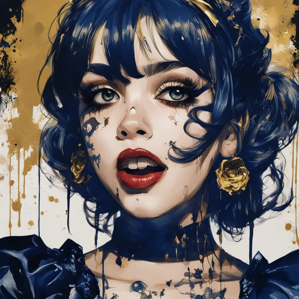 Poster in two gradually, a one side malevolent goth vampire girl face and other side the Singer Melanie Martinez face, painting by Yoji Shinkawa, darkblue and gold tones,