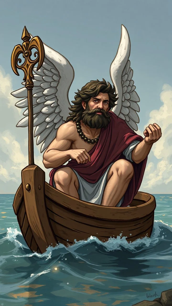 Charon in his boat wearing angel