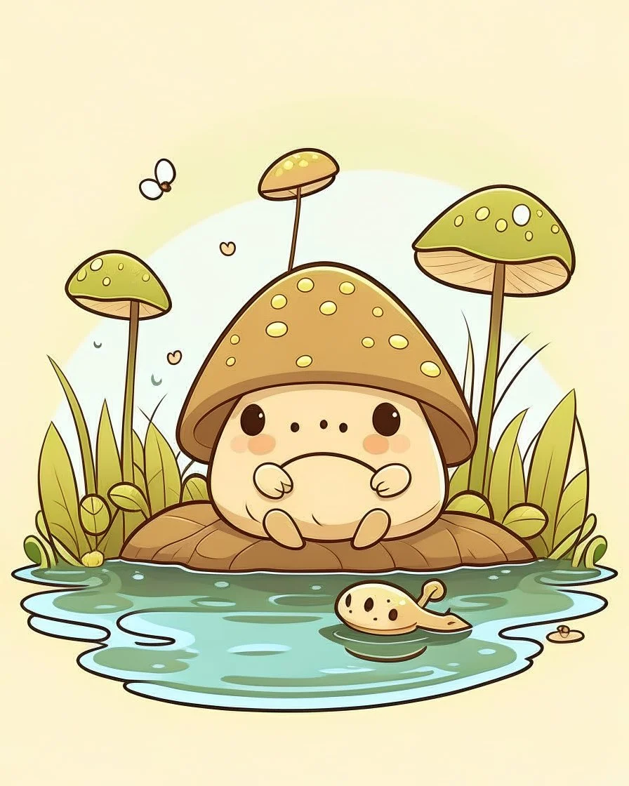 magical kawaii mushroom with a big, frowning mouth and droopy eyes, sitting on a lake log in a quiet and peaceful lake, lost in its own thoughts, high details, forest background, cute, kawaii, style coloring cover for adults, ultra reality