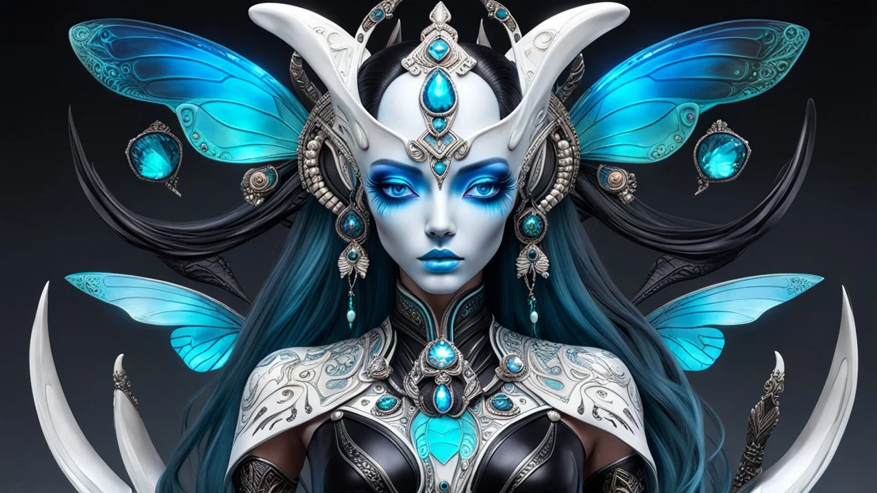 a beautiful menacing prismatic and (iridescent:1.5) (goddess alien:1.5) with perfect gorgeous black and cyan alien eyes and adorned with (unique bone carvings:1.5) with futuristic jewelry and pearlescent butterflies filigree, she has (two sleek black dogs:1.5) and (white ravens:1.5) with her, H.R. Giger style, Japanese and alien background, sharp focus, whimsical, fantasycore, aliencore, gothcore, lillies and tropical flora