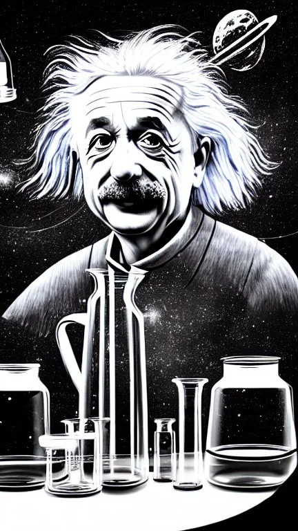 Albert Einstein, detailed and intricate calligraphy ink painting of a "cyborg Mad Scientist" holding beakers, outer space Background cosmic fractals, dystopian, concept art, unreal engine 5, god rays, ray tracing, RTX, lumen lighting, ultra detail, volumetric lighting, 3d, finely drawn, high definition, high resolution. award-winning: professional portrait: atmospheric: commanding: fantastical: clarity: 16k: ultra quality: striking: brilliance: stunning colors: amazing depth: masterfully crafted