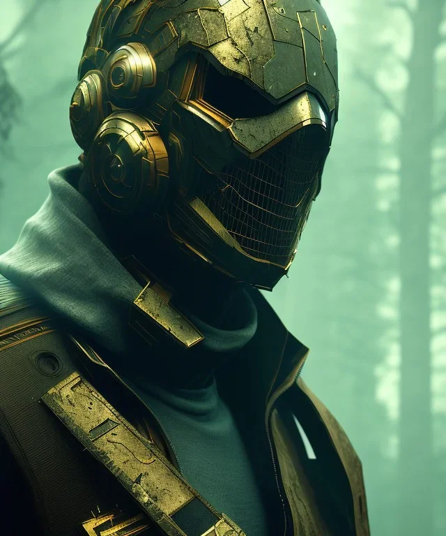 A badass wearing a broken mask, full body, atmospheric, realistic, unreal engine, cinematic lighting, octane render.