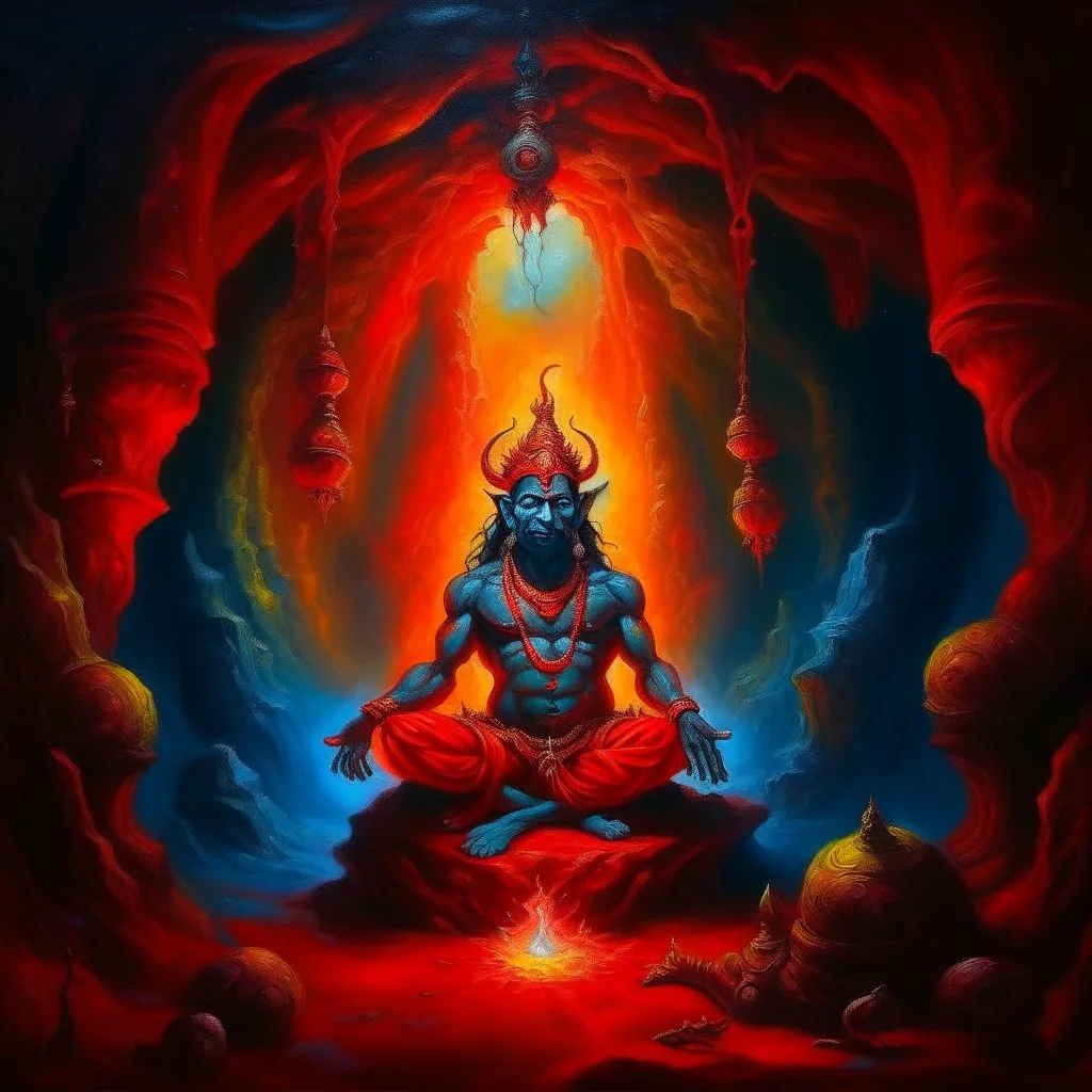 An oil painting of hindu god YAMA in a cave, neon red colors, high detail