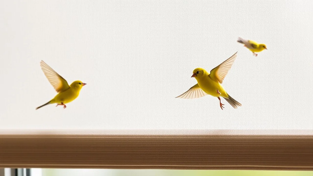 The blinds, adorned with delicate goldfinches, seem to come to life as they flutter and chirp in the gentle breeze.