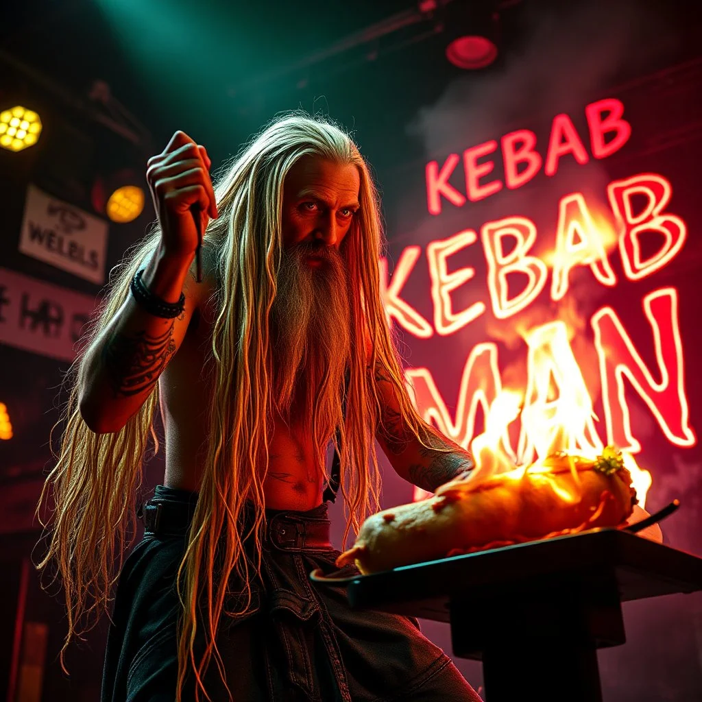 a very thin swedish viking man, evil with very long blonde hair (2 meter), (fat glowing eyes), he is called "KEBAB MAN" performing at death metal club, his name is "KEBAB MAN" kebab rolls On stage, kebab Neon lights and smog, and "KEBAB MAN" big sign on the wall, kebab tribal tattooes, spinning kebab machines, flames and smoke, chaos, he using gasolin and pour it on the kebab on the stage, to give someone/something the middle finger.