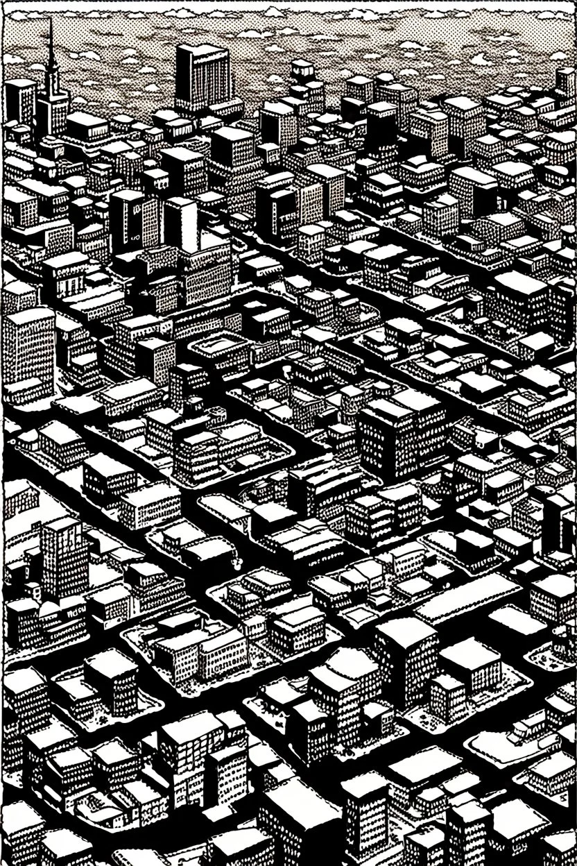 Tokyo city view from very above. top view. no dots. manga style, black and white, no pattern