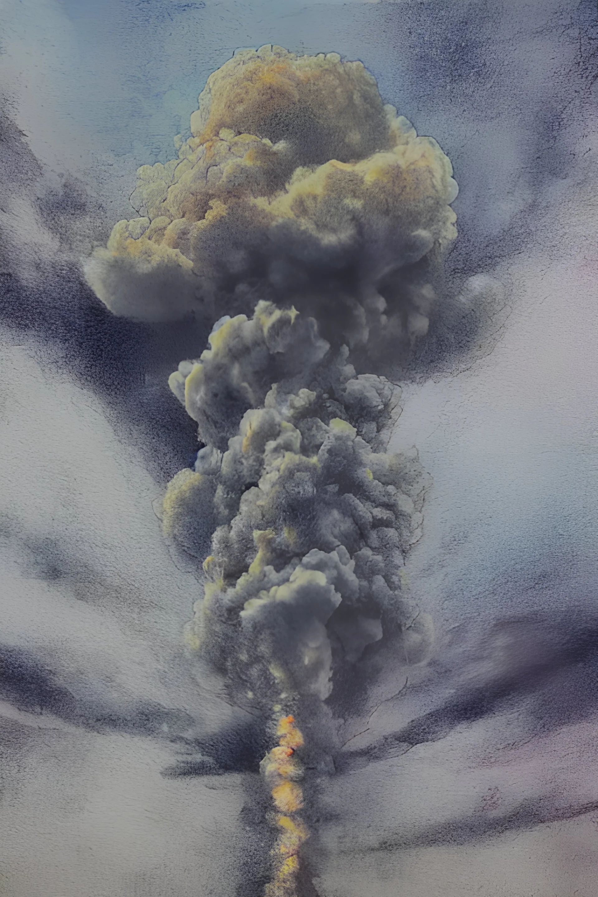 Mushroom cloud, after nuclear bombing, dusk, art by JeeHyung lee, low angle view, crowed, city