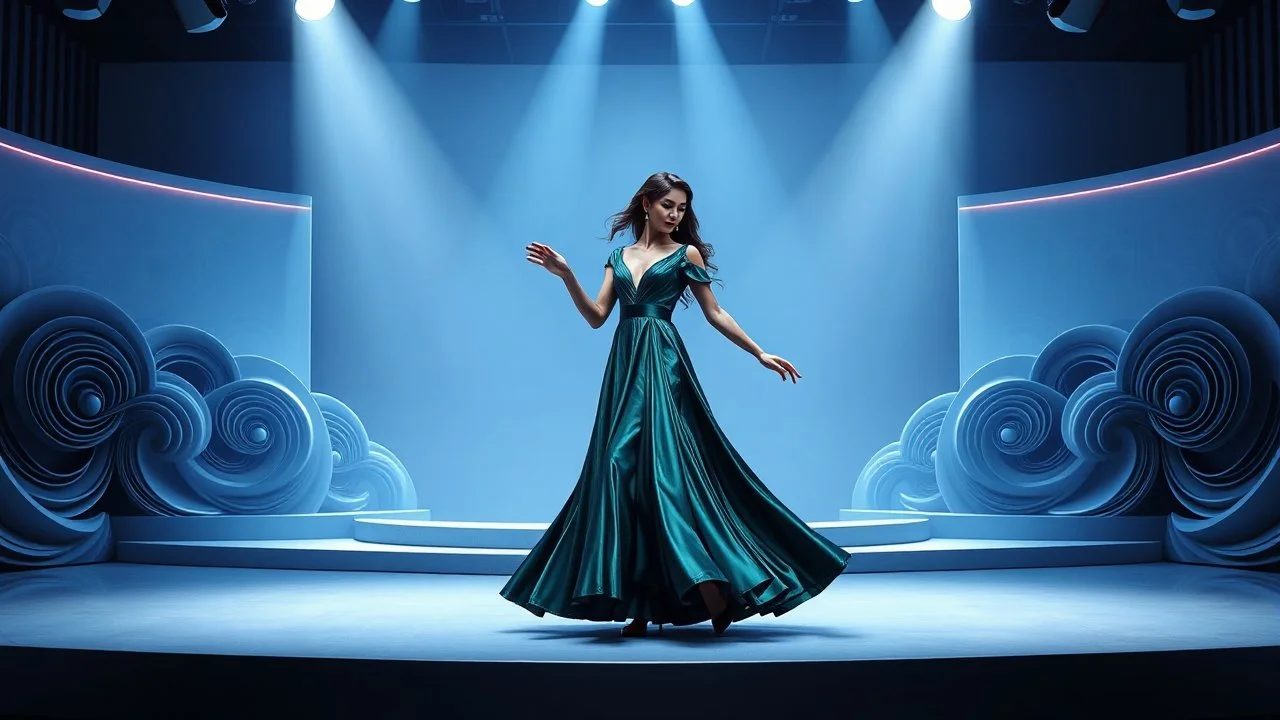 modern stage with gray-blue theme artistic decoration , color full dynamic lighting, a beautiful lady in modern maxy dark green-silver dress with shining jwells dancing, 3D recursive fractal structure animating background