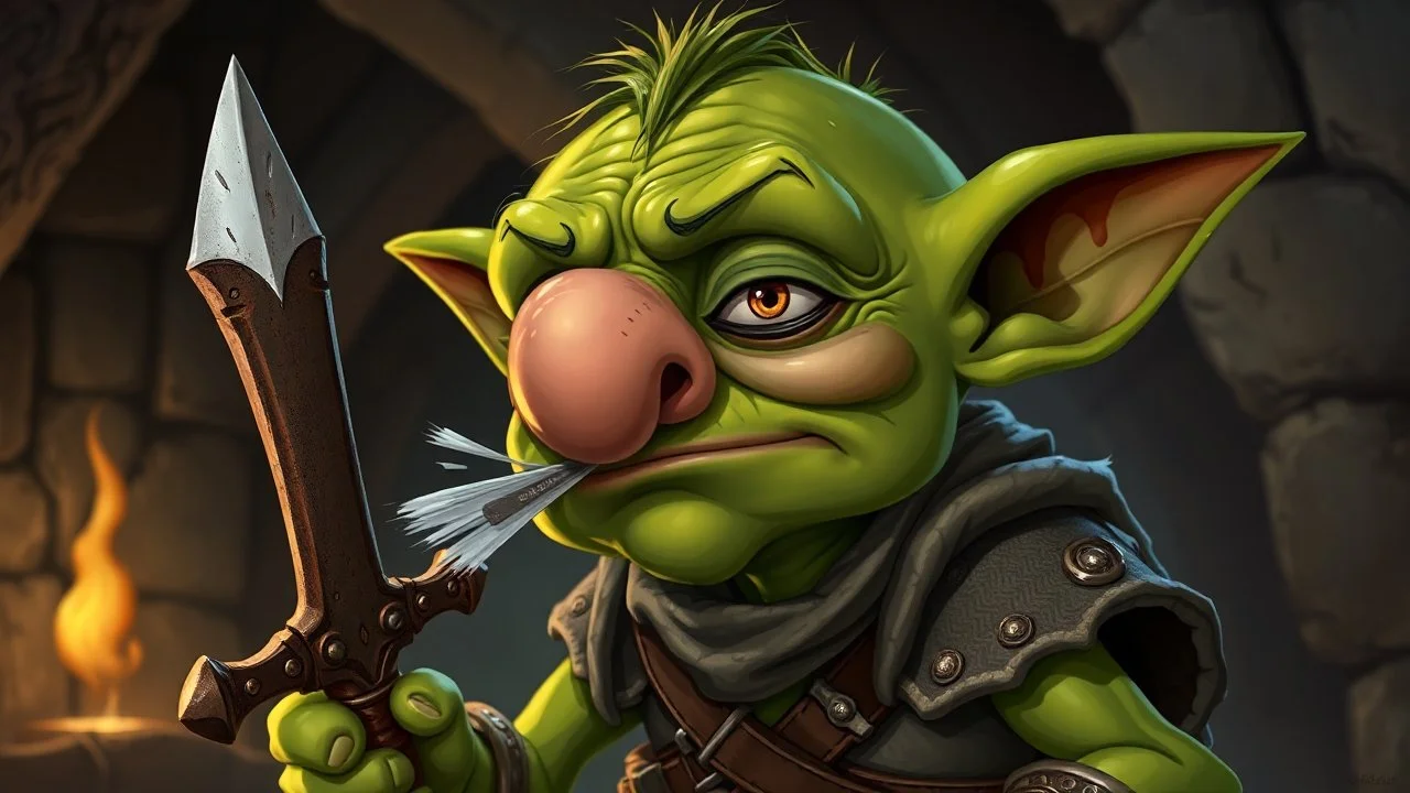 A short green goblin with a bulbous nose, mid-sneeze, eyes watering, holding a rusty dagger, tattered leather armor, exaggerated cartoon realism, dungeon background, humorous fantasy illustration, high detail