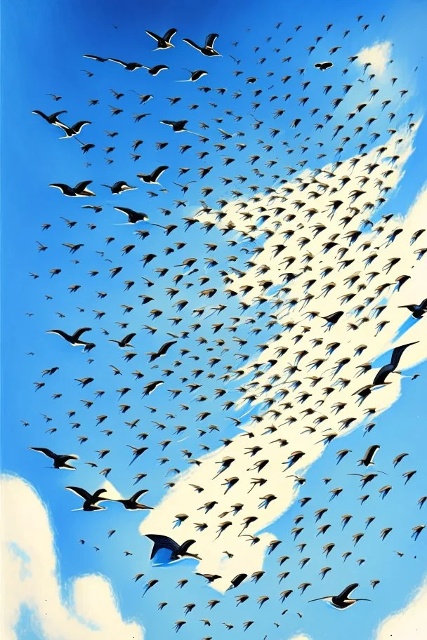 realistic drawing of a swarm of swallows in the blue sky.