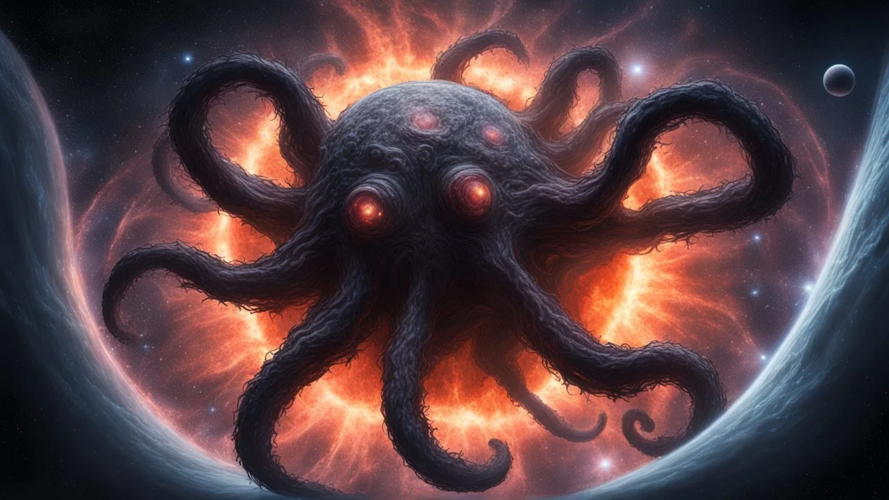 photorealistic Lovecraft Shub-Niggurath opalescent space gigantic monster, interstellar galactic particles stream event horizon, entering a quantum wormhole with great exoplanet crashing, blackhole