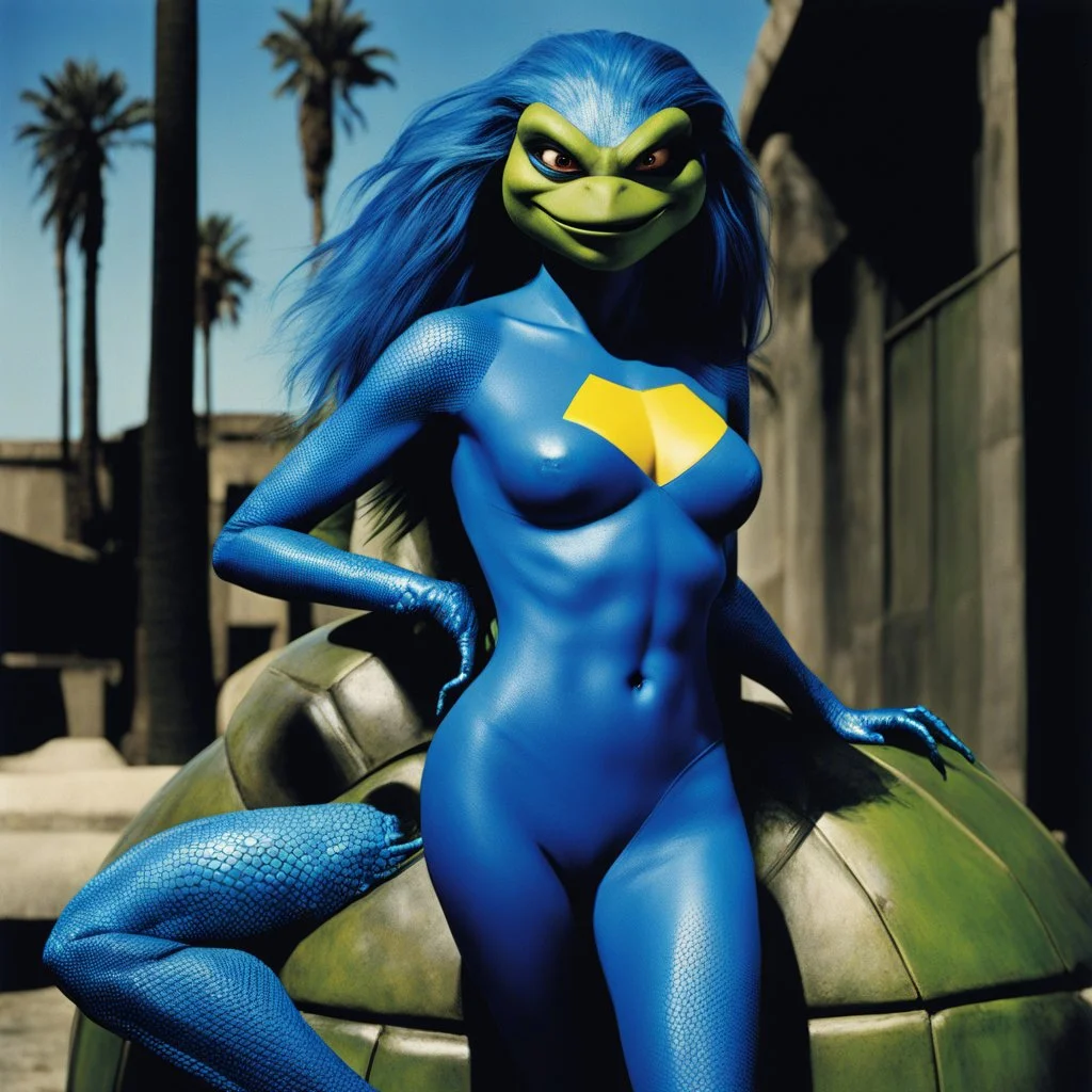 [high res photo by helmut newton for TMNT module B3] Mona, a cosmic enigma with a splash of charisma, graces the TMNT shores as a captivating mutant like no other. Once an unwilling sidekick to a second-rate baddie, a cosmic quirk transformed her into an alluring anomaly. Her blue-lizard skin, far from deterring her charm, adds an exotic allure to her enigmatic presence. Imagine this: a mesmerizing figure against the backdrop of the shoreline, Mona's cerulean skin glistening like a sapphire kiss