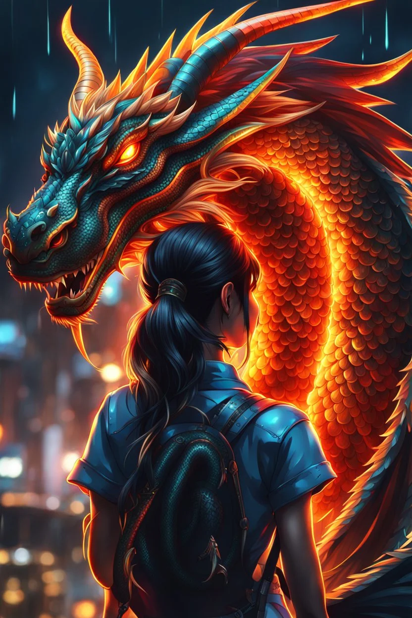 Yakoza girl with neon dragon tattoo on she's back in 8k anime realistic drawing style, close picture, rain, intricate details, highly detailed, high details, detailed portrait, masterpiece,ultra detailed, ultra quality