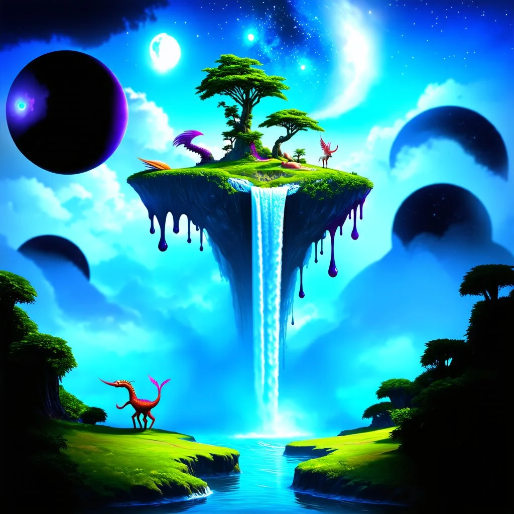 dreamlike landscape with floating islands, upward-flowing waterfalls, and celestial bodies in the sky. Include unexpected elements like melting clock faces and whimsical creatures, emphasizing a surrealistic aesthetic, full shot perspective with vibrant colors and intricate details.