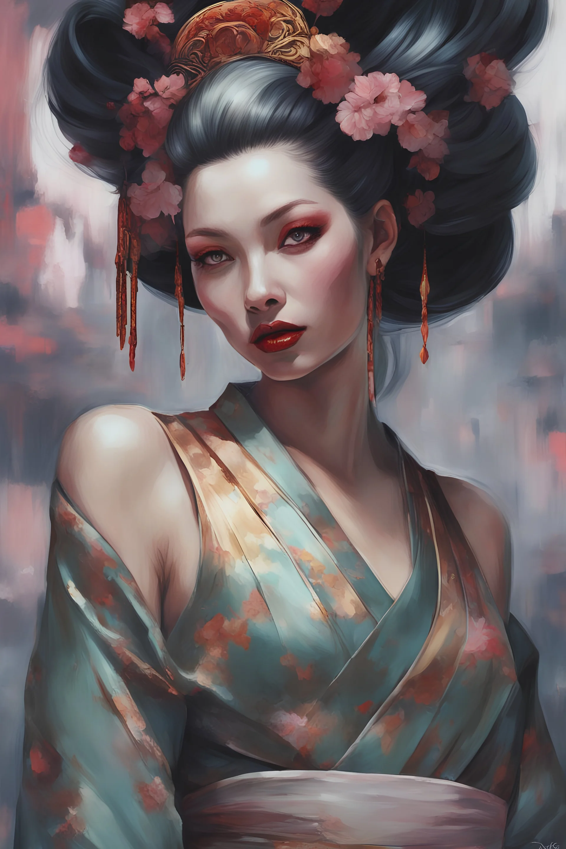 Face art Geisha Alexandra "Sasha" Aleksejevna Luss fantasy bombshells oilpaiting by Greg Rutkowski, Artgerm style Once upon a night time Tokyo city