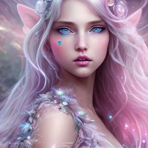 A portrait of a cute fantasy fairy, blue eyes, long blond hair, pink lips, atmospheric light, cinematic lighting, extremely sharp detail, finely tuned detail, ultra high definition, 8 k, HQ, ultra sharp focus, accurate wings, positive smile, highlight luminous dress