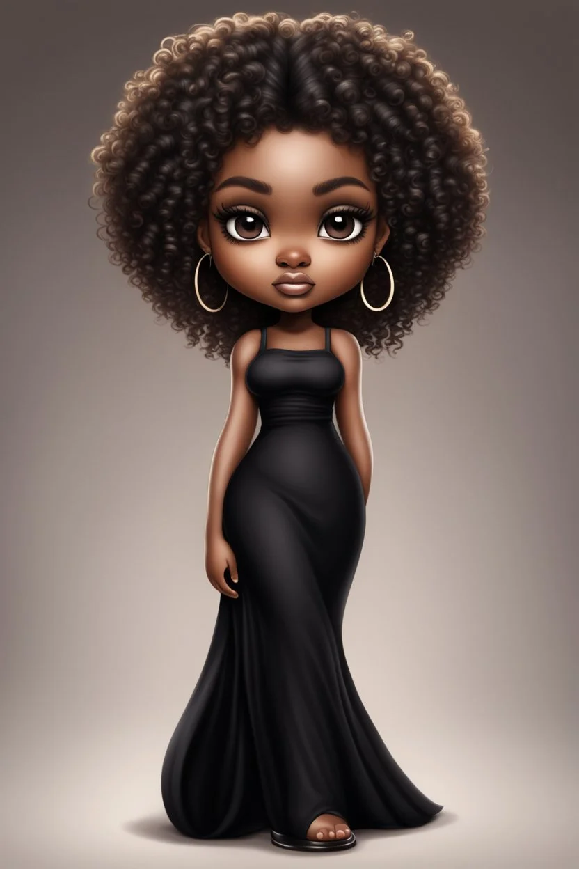 create a digital airbrush image of a chibi curvy black female wearing a black maxi dress and black sandals. Prominent make up with brown eyes. Highly detailed wild tight curly blond afro.