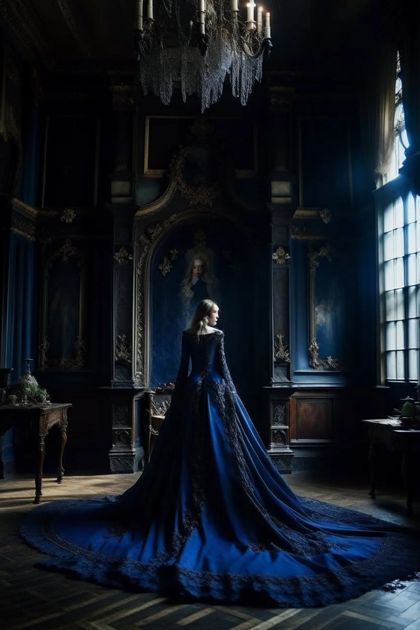 The Countess is a ghost, she has a long, flowing dark blue dress, she is in her castle, Hanging in the castle room, there is a tapestry composed of the preserved faces of the Countess' ancient victims.