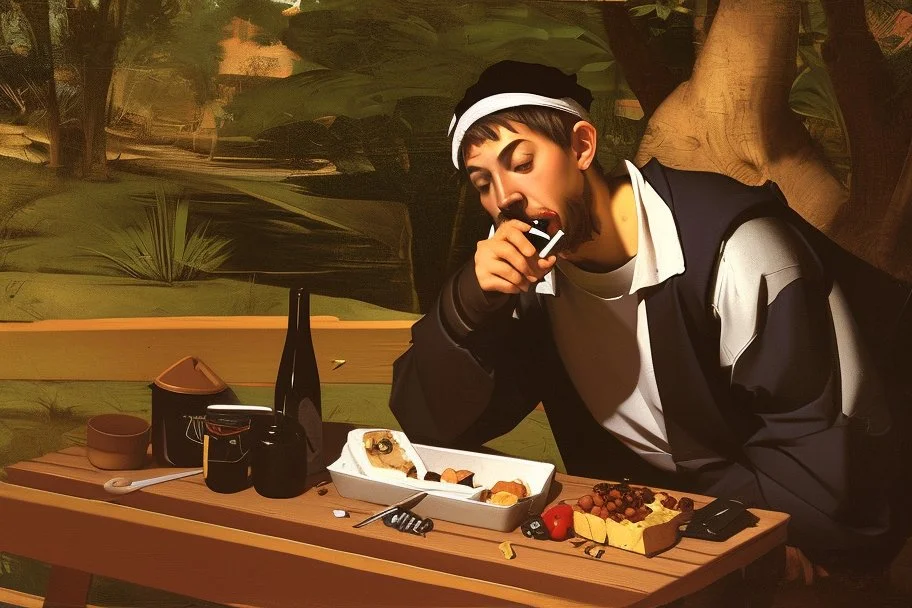 rapper smoking on picnic table by Caravaggio