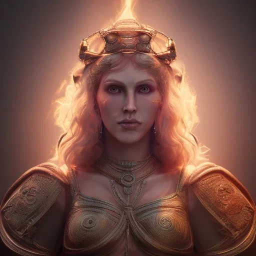 analog style, Celtic goddes, portrait, simmetric eyes, fire ambient,queen, wearing amazon outfit, realistic photo