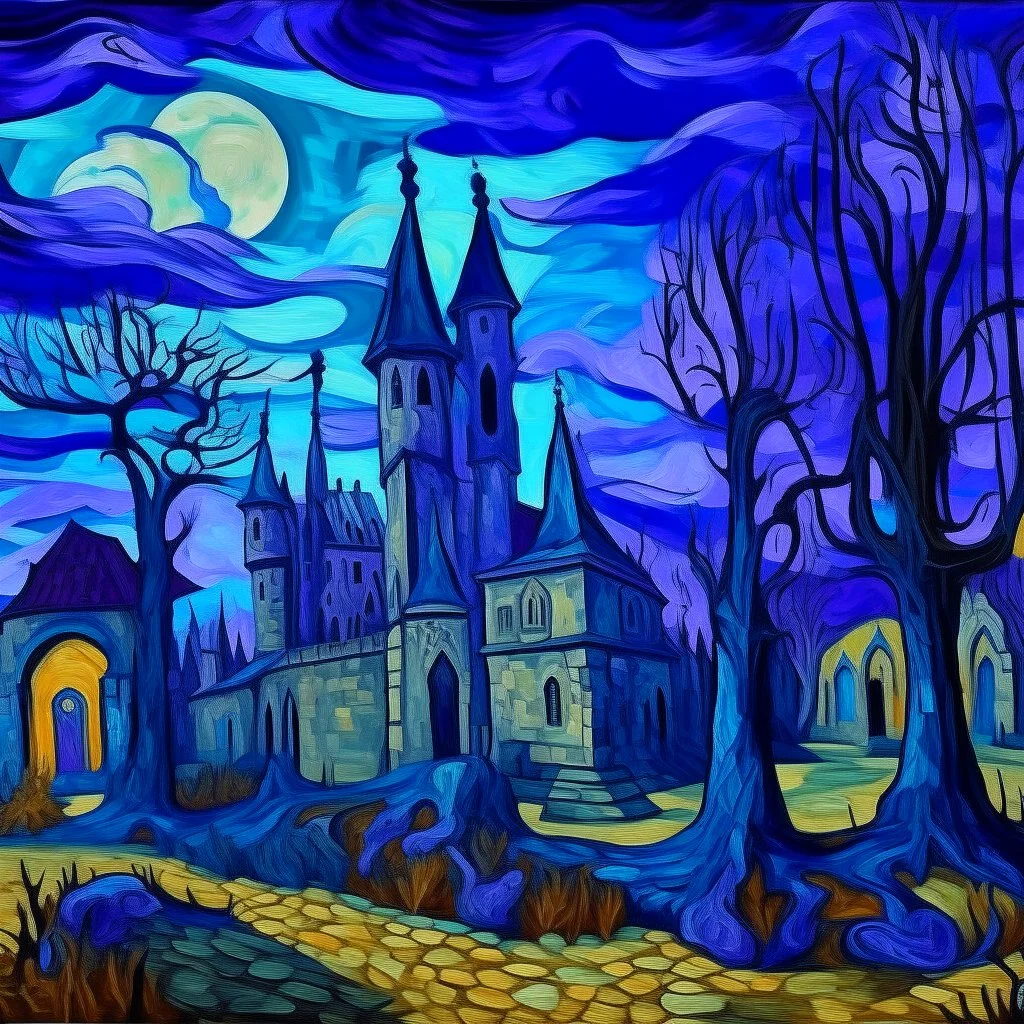 A purple haunted castle near a graveyard painted by Vincent van Gogh