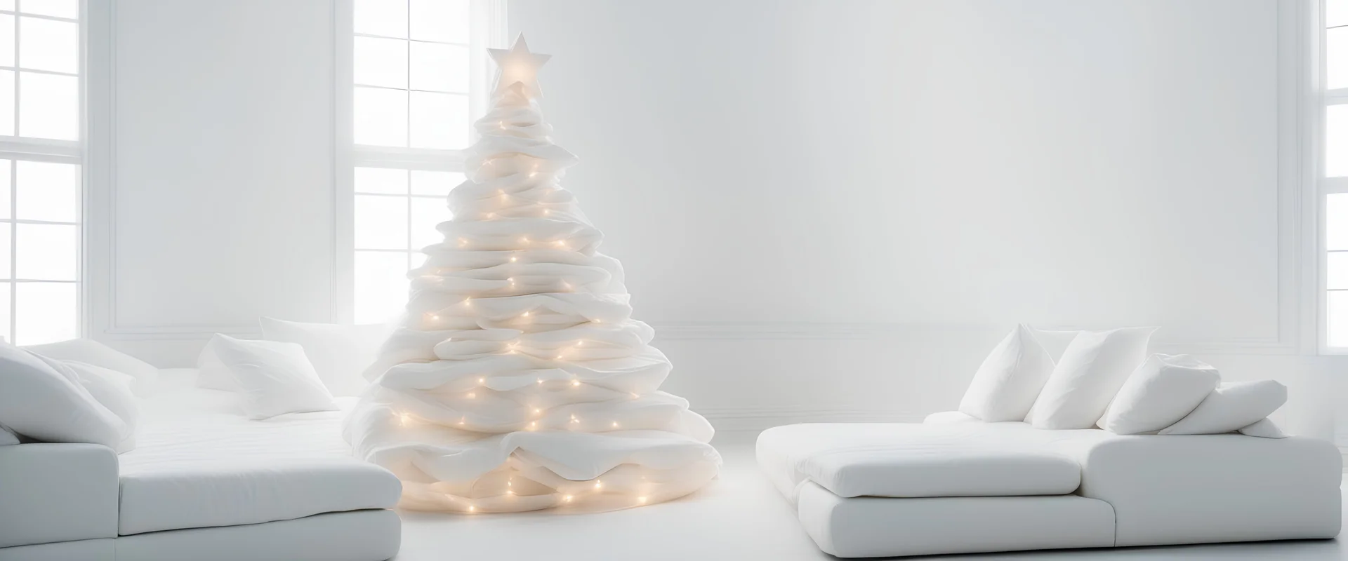 Mattresses on top of each other to make the form of a Christmas tree with star on top, dreamy magical feeling, creative, simple, white color