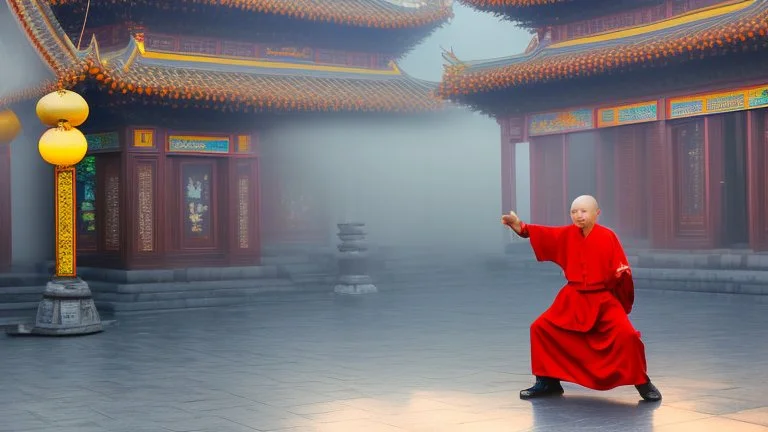 Monk playing tai chi at front of temple mt bu tong in misty morning