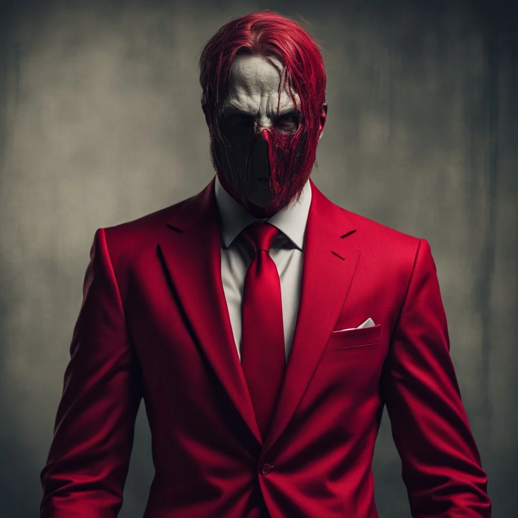 a sinister figure wearing a red suit with a red tie with no face and dirty hair