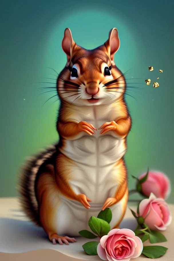 adorable chipmunk holds a diamond, roses on the beach, soft rounded edges, gentle, serene, magical, pastel colours, dynamic lighting, a masterpiece, surreal, Catrin Welz Stein style in sunshine