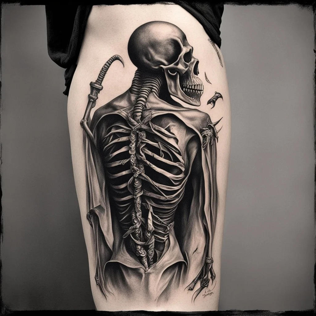 Bad tattoo, back reaper tattoo reading "NO REGERTS", text, photorealistic, by Joel-Peter Witkin