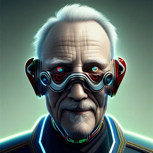 cyberpunk head portrait, old guy, happy face