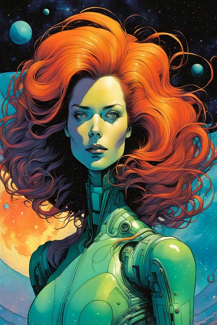 create an imaginative amorphous female extraterrestrial cybernetic time traveler with finely detailed facial features, sinuous tentacle hair, aboard a stellar observatory, in the comic book art style of Bill Sienkiewicz, Mike Mignola, and Jean Giraud Moebius, finely textured, drawn, colored, and inked