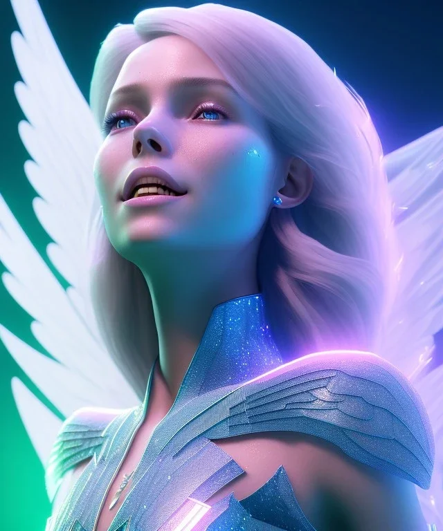 A smiling crystalised queen, atmospheric, realistic, unreal engine, cinematic lighting, octane render. blue, pink, transparency, light, shine,bright, full body, transparent wings, blonde, long hair, nice smile