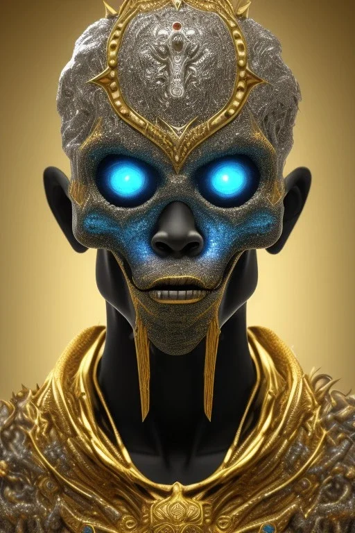 black male African alien, cracks in the voodoo head, wicked, diamond eyes, crown, blood, 8k, finely detailed, photo realistic, Boris Vallejo style turquoise skull head gold dragon space alien rain skeleton gold tooth silver helmet silver space suit spaceships