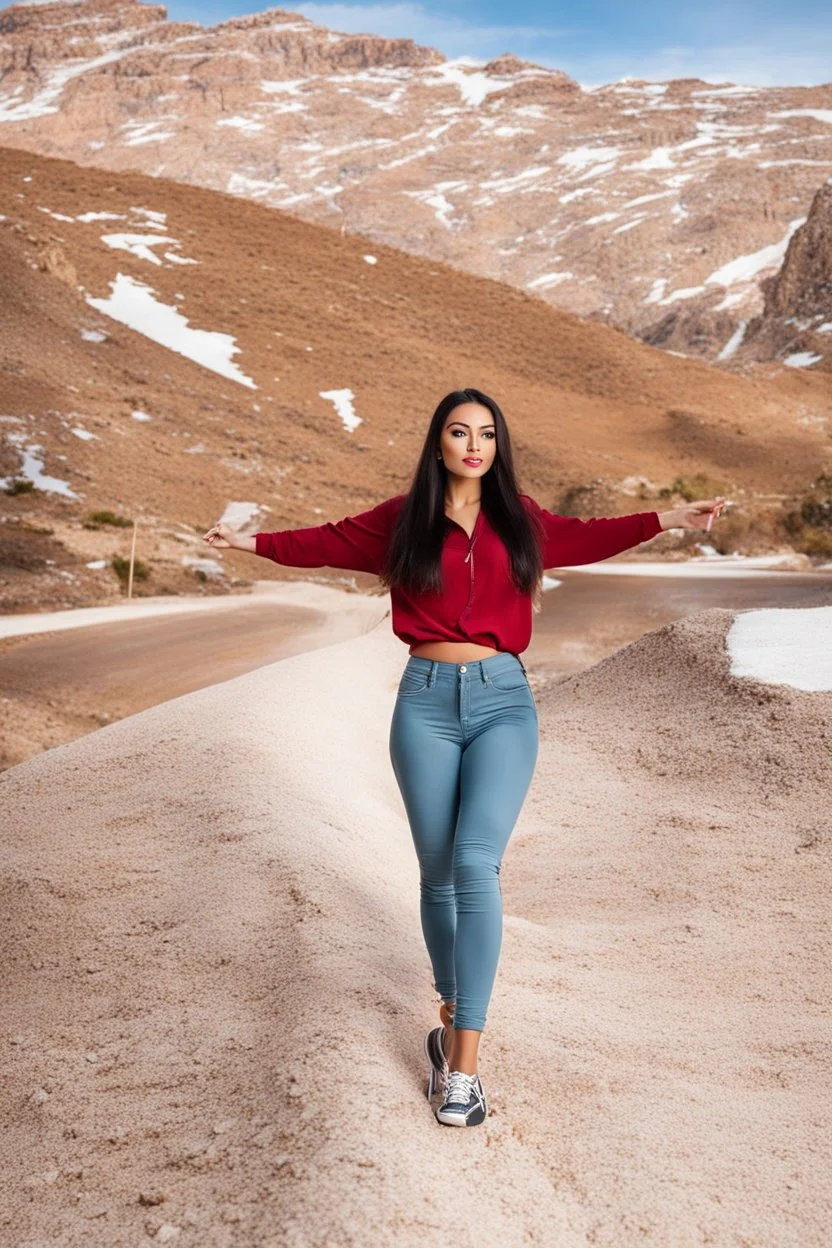 full body of very beautiful girl wearing pants and blouse,sport shoes ,standing idle happy pose in studio pretty makeup