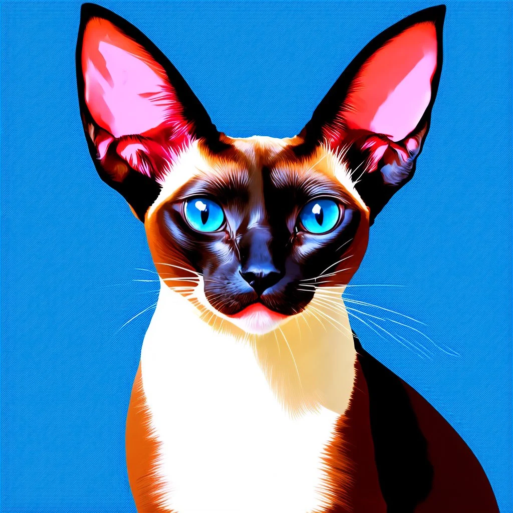 Create an Andy Warhol style illustration of a chocolate point Oriental shorthair Siamese with blue eyes.