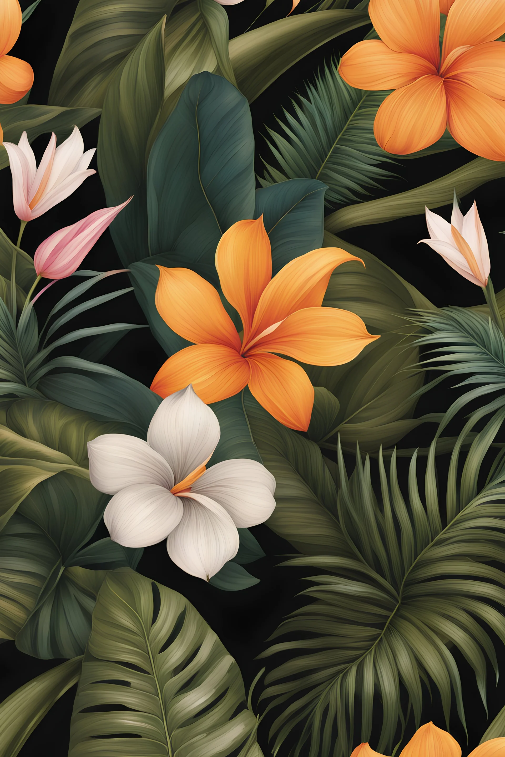 a close up of a floral pattern on a black background, tropical flowers, elegant tropical prints, large jungle flowers, floral wallpaper, blooming tropical flowers, dark flower pattern wallpaper, flowery wallpaper, beautiful tropical flowers, beautiful wallpaper, floral explosion, tropical flower plants, tropical, tropic plants and flowers, large exotic flowers, tropical paradise, floral pattern, ornate floral, floral