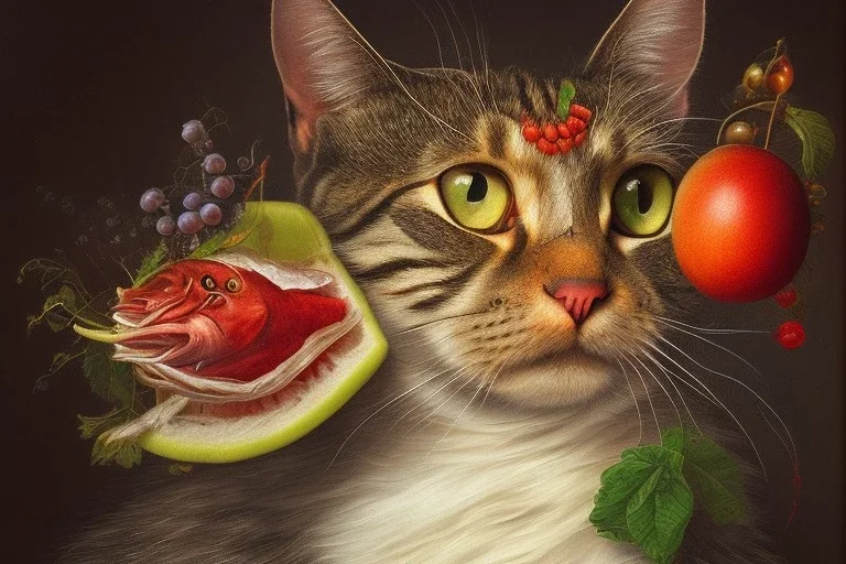 A cat head with fruit fish like Arcimboldo