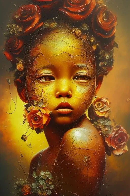 an abstract painting of rusted metal and flowers, sun set little goddess baby sleeping portrait, rust, scaffolding, iron cladding, decay, mixed media, textured, anatomically correct, beautiful perfect face, sharp focus, highly detailed