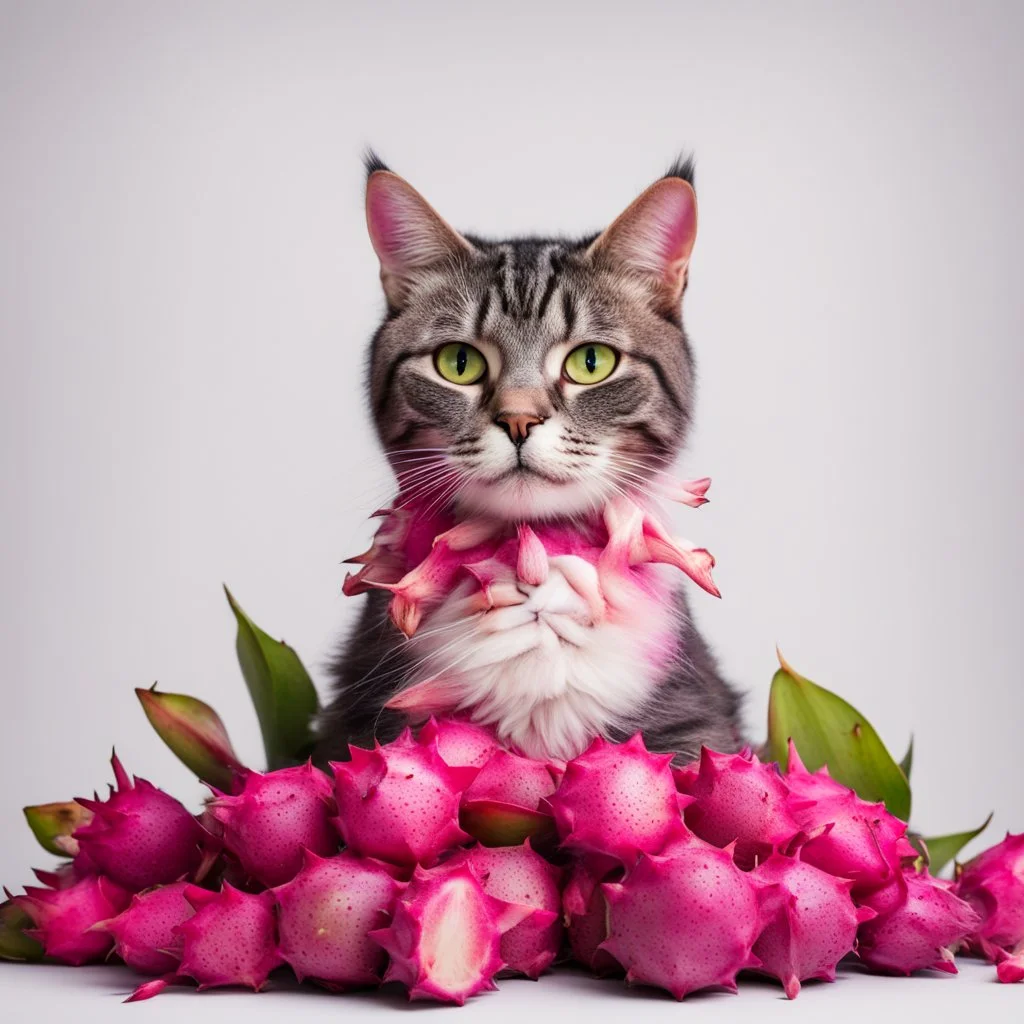 A cat surrounded by dragon fruits on a light background for removal