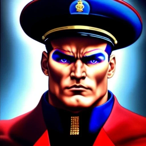 Ultra detailed fullbody Portrait in oil on canvas of Street Fighter- M.Bison,extremely detailed digital painting,ultrarealistic skin,intense stare, extremely detailed face, crystal clear eyes, mystical colors ,perfectly centered image, perfect composition, rim light, beautiful lighting,masterpiece ,8k, stunning scene, raytracing, anatomically correct, in the style of Simon Bisley and Ohrai Noriyoshi and robert e howard and Steve Jung and frank frazetta.