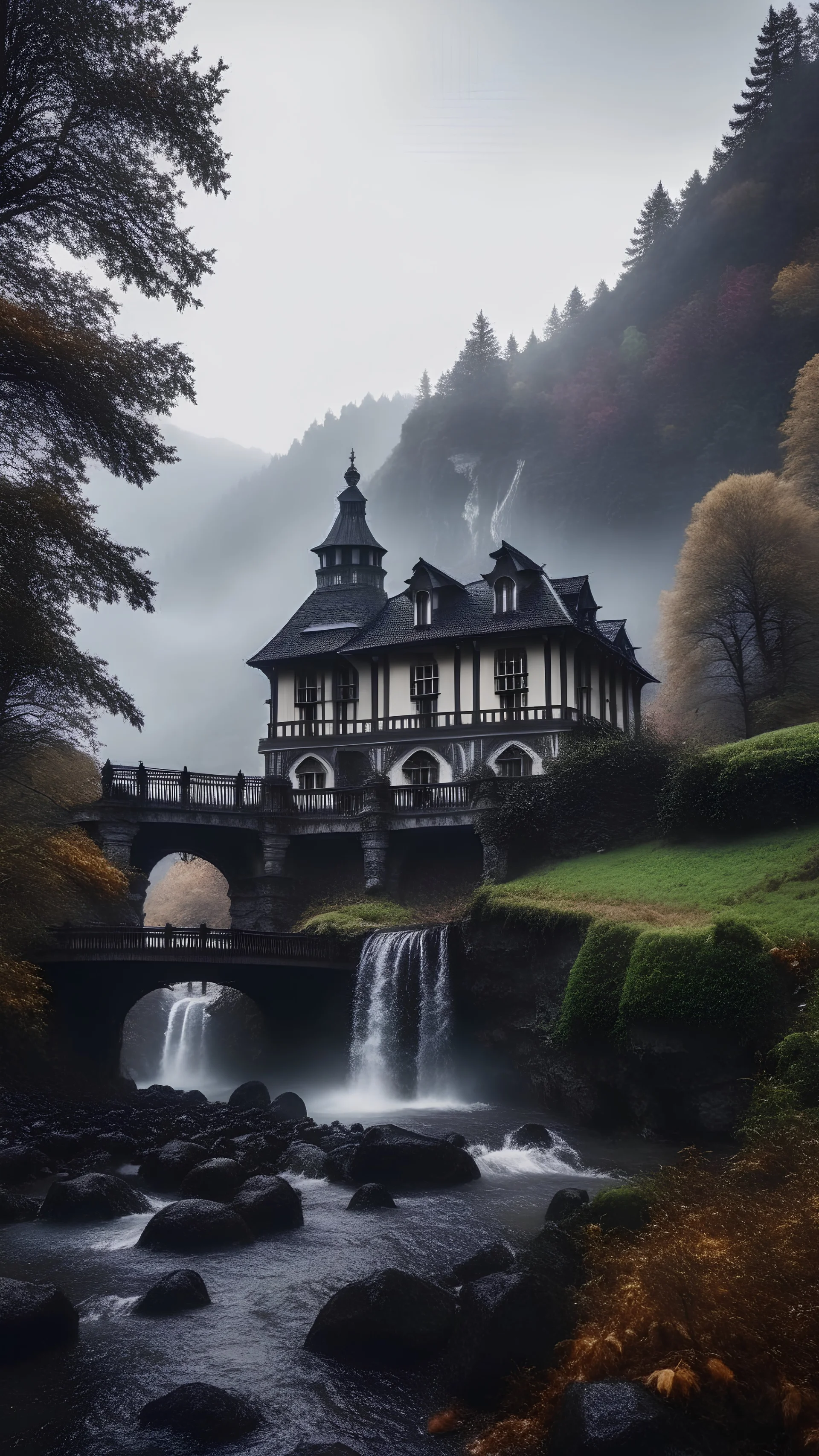 dark gothic mansion in foggy autumn mountains with a waterfall in the distance, small creek and mysterious garden in front of the mansion