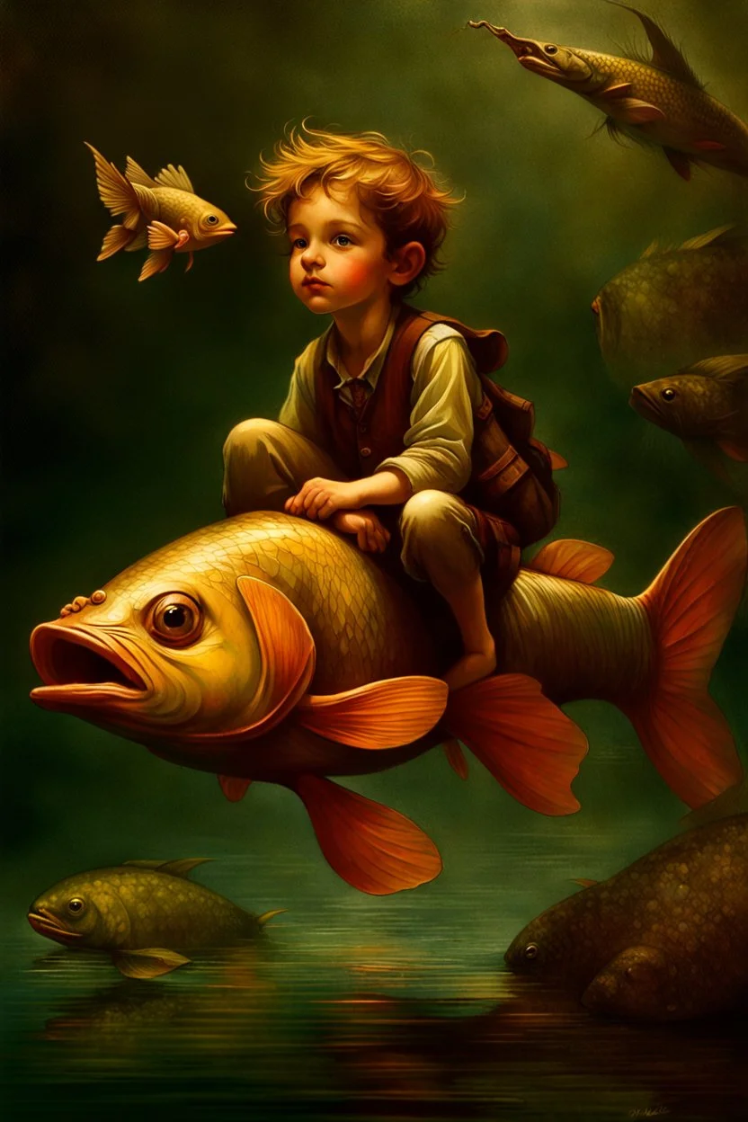 Masterpiece, ((Ottfried Preußler, the little water sprite)) the young little water sprite (boy) is sitting on the back of a big huge carp (fish) and glides with him under the water complete figure, flawless, full body shot, by Baptiste Monge, by Daniel Merriam, by Brian Froud, by Beatrix Potter, by Nicoletta Ceccoli, by Kinuko Y. Craft, by David Laurence, by Arcimboldo