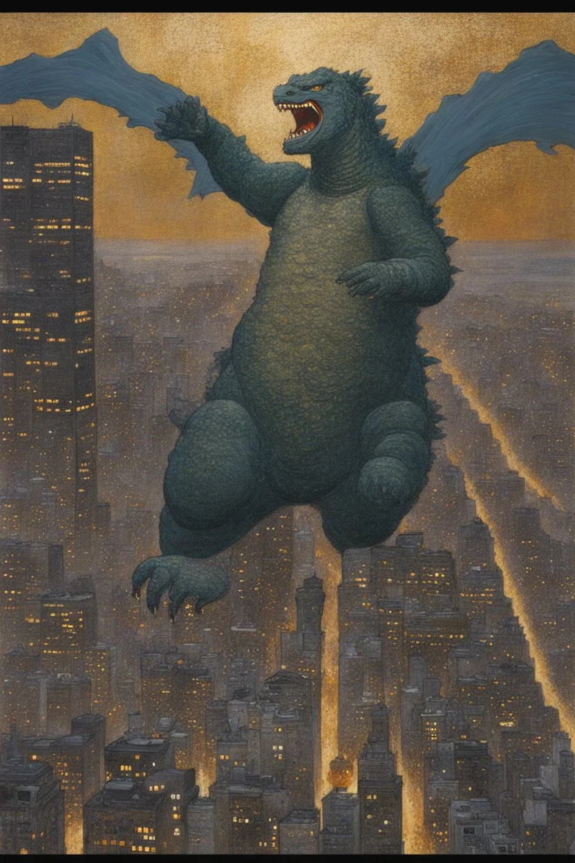 godzilla destroying tokyo painted by gustav klimt