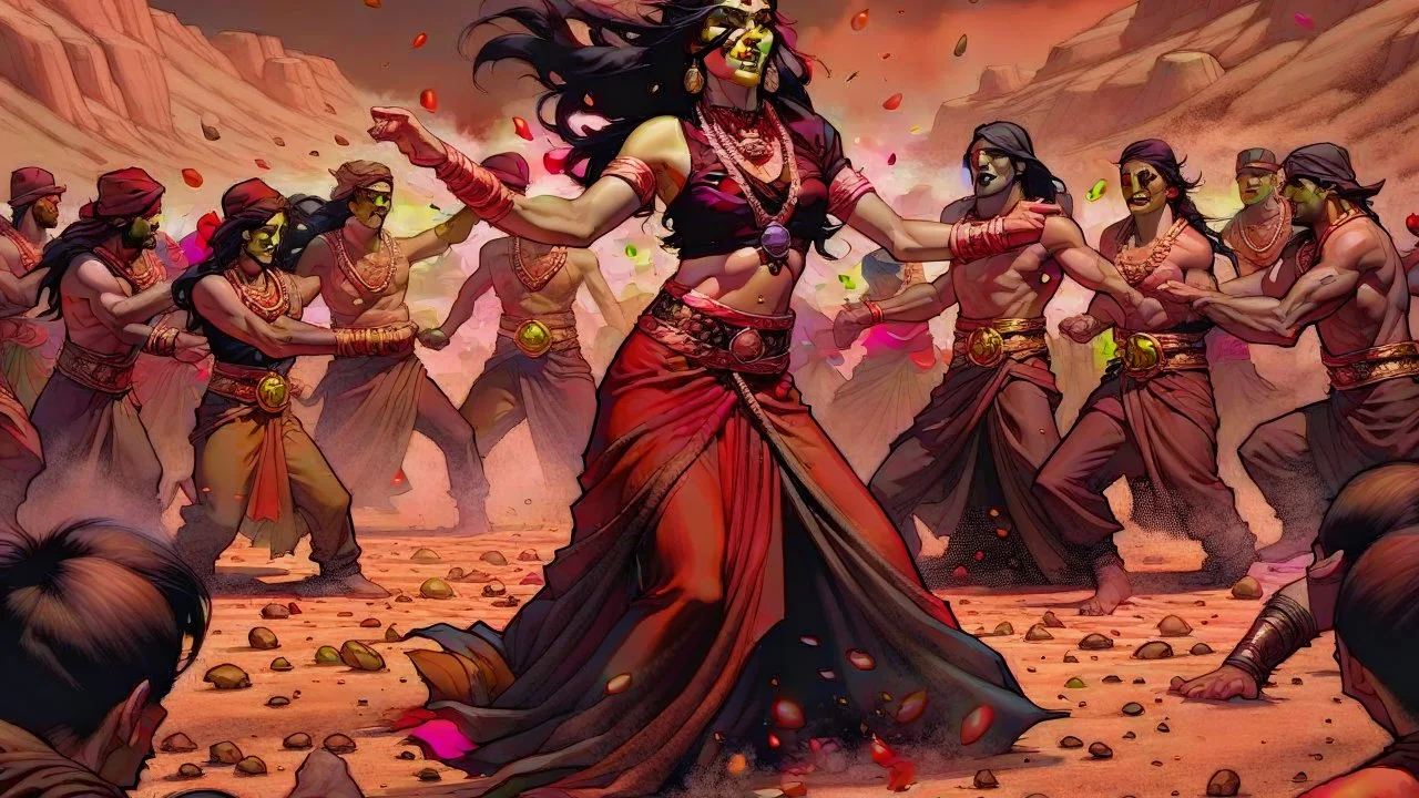 a woman in blood warring black in the desert surrounded by men and women through stones on her.